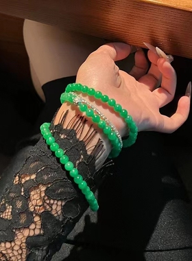爆款仿冰种翡翠手链大圆珠手串辣绿珠子珠链满绿高端珠子男女款