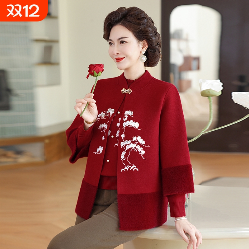 新中式妈妈秋装外套针织两件套上衣中老年女秋冬国风毛衣时尚开衫