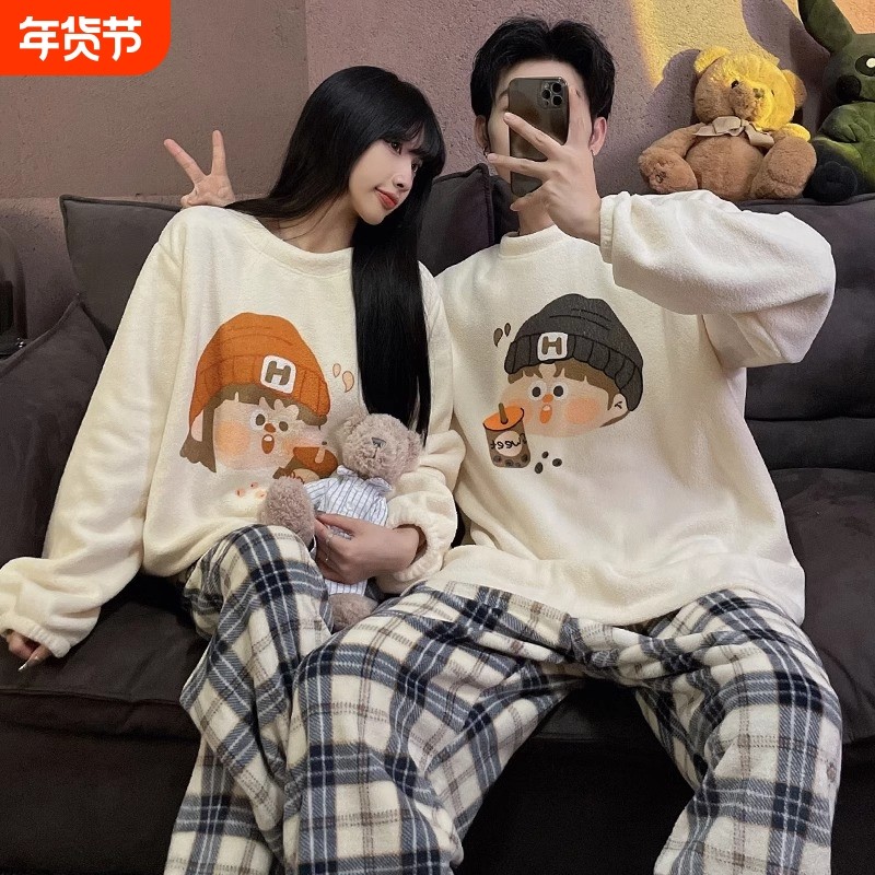 俞兆林秋冬季珊瑚绒情侣睡衣女款法兰绒加绒加厚男女士冬天家居服