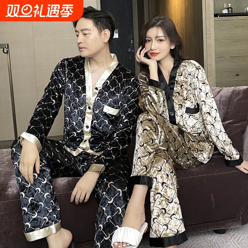 红豆2025年新款情侣睡衣金丝绒春秋季长袖V领奢华男家居服女秋冬