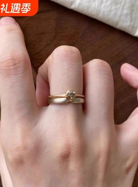 高级感小众淡金色复古素圈小钻戒指轻奢叠戴拉丝设计百搭开口戒