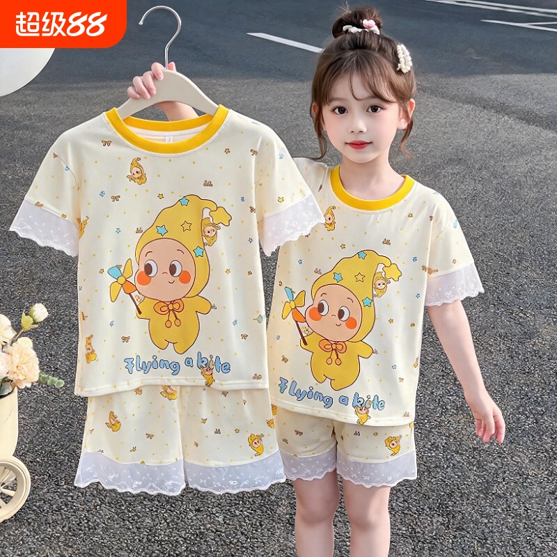 儿童睡衣女夏季莫代尔薄款短袖女童卡通星星人家居服夏套装短裤