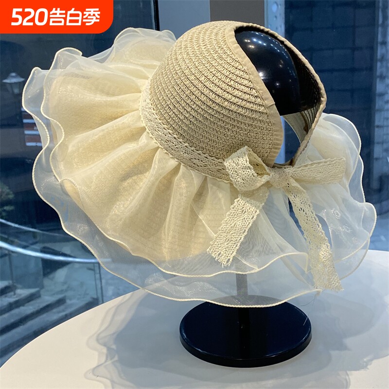 可扎马尾空顶草编帽女夏季蕾丝边遮阳太阳帽户外度假海边防晒草帽
