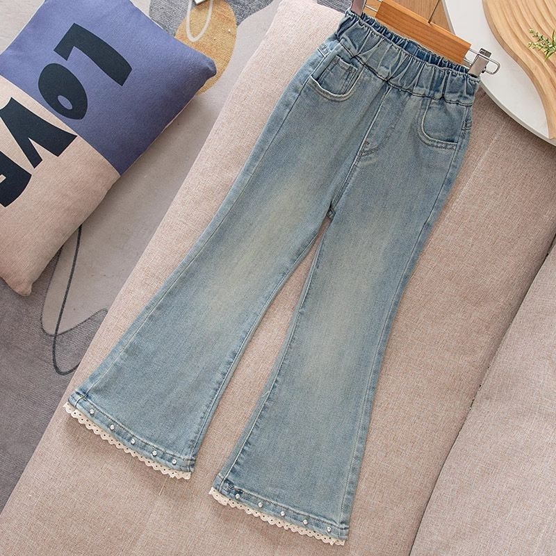 女童春秋洋气花边钉珠牛仔喇叭裤