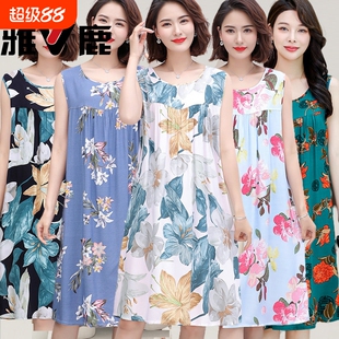 雅鹿睡裙女夏季棉绸人造棉睡衣连衣裙加肥大码妈妈装薄宽松家居服