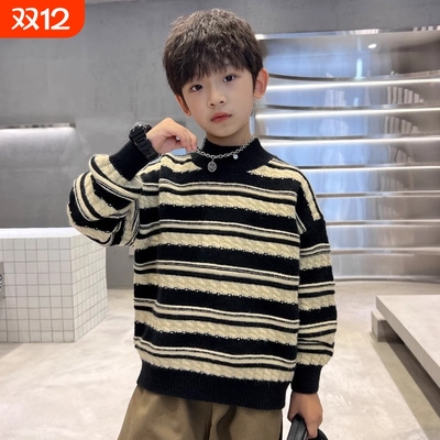 男童毛衣秋冬款半高领条纹针织衫