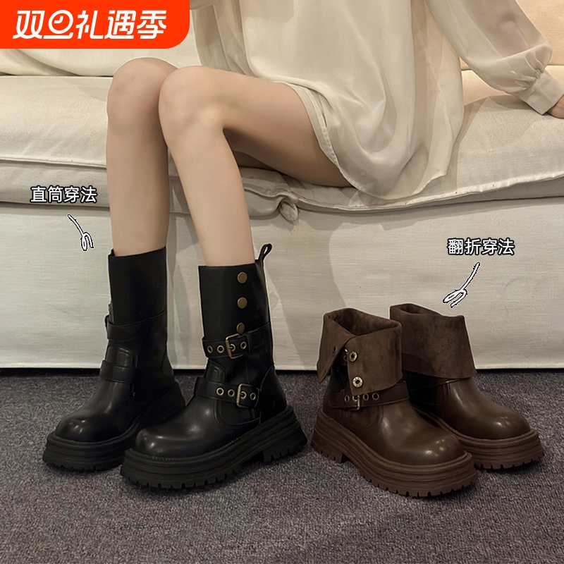 他她女孩英伦风马丁靴女款2025新款秋复古女鞋美拉德棕色靴子厚底