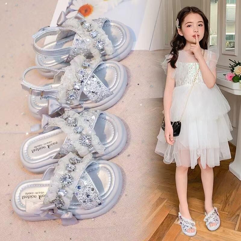 女童公主凉鞋2026夏季新款闪亮水晶沙滩鞋两穿露趾凉拖儿童一字拖