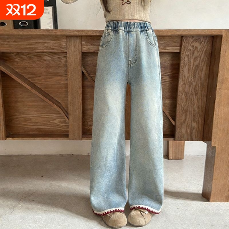 女童秋冬花边牛仔直筒裤