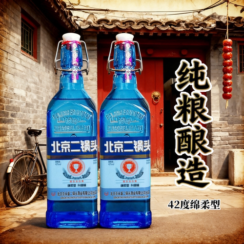 北京二锅头出口型蓝方瓶42度500ml*2瓶浓香型纯粮食酒绵柔口感