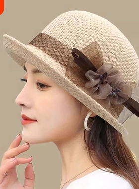 英伦花朵礼帽女夏季遮阳防晒帽子法式卷边太阳帽网纱盆帽灰色优雅