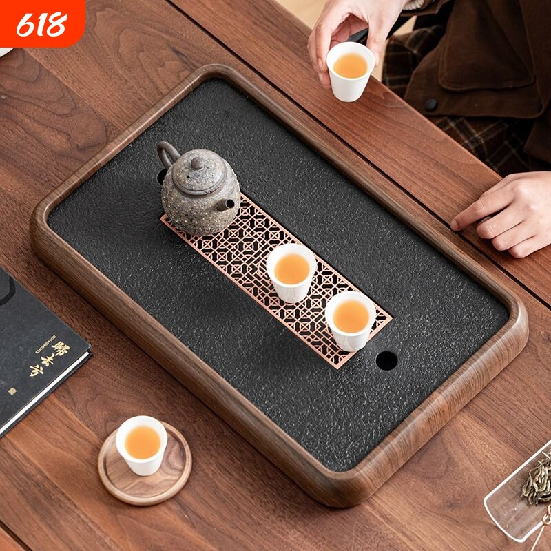 新中式仿乌金石茶盘家用功夫茶具干泡盘储排小茶台密胺盘长方形