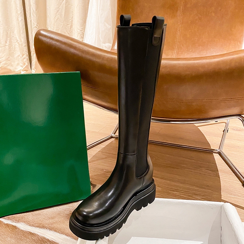 紅蜻蜓女鞋牛皮版~新款内烟筒骑士靴女保暖加绒弹力厚底不过膝