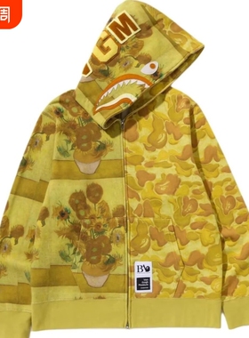 潮牌APE连帽卫衣版SHARKAPE鲨鱼迷彩外套亲子红色粉色蓝色刺绣