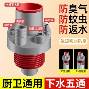 厨房下水管五通洗菜盆洗碗池水槽排水管道防返臭接口下水道密封塞