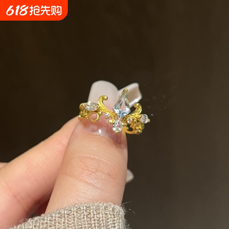 蓝眼泪轻奢蓝色闪钻辛德瑞拉开口戒指女复古vintage宫廷风高级