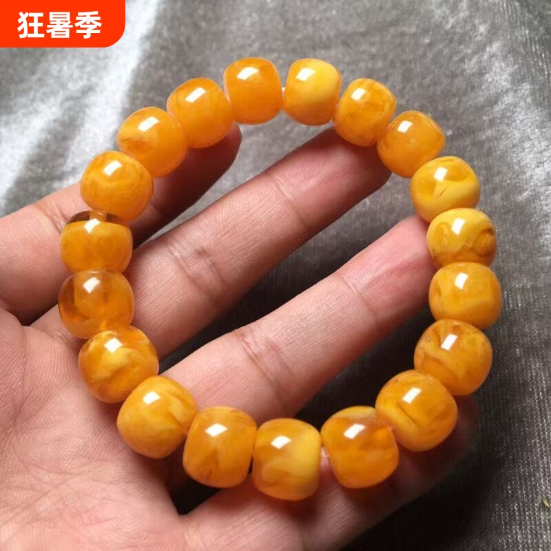 俄料天然原矿蜜蜡鸡油黄飘花老蜜蜡手串单圈手链项链情侣款
