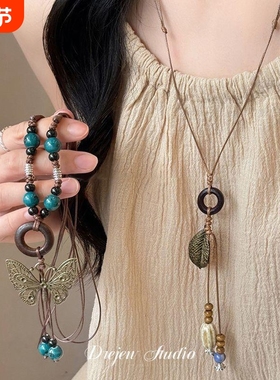 新中式陶瓷蝴蝶串珠编绳项链女小众复古长款古风汉服配饰百搭项链