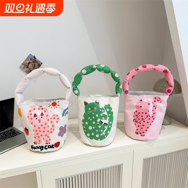 帆布袋可爱猫咪卡通棉布包水桶帆布包文艺棉布袋手提单肩包手工