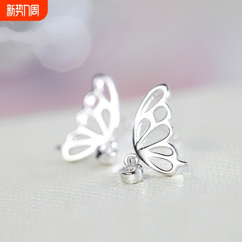 臻荣银蝴蝶耳钉女简约甜美日韩国可爱气质个性百搭锆石耳饰品批发