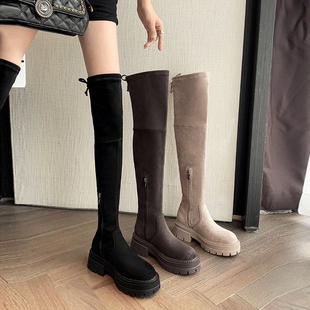幂琳长靴女胖mm粗腿秋冬鞋 大筒围绒面弹力过膝长高跟 子2025新款