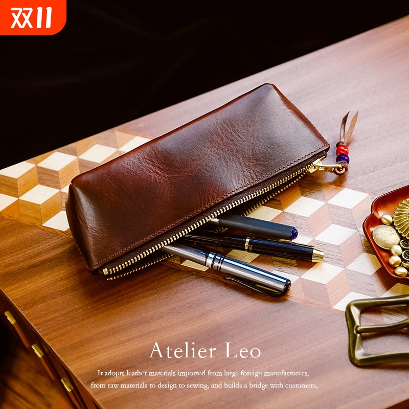 简约大容量真软皮笔袋女小众商务办公收纳袋初高中学生文具袋男孩