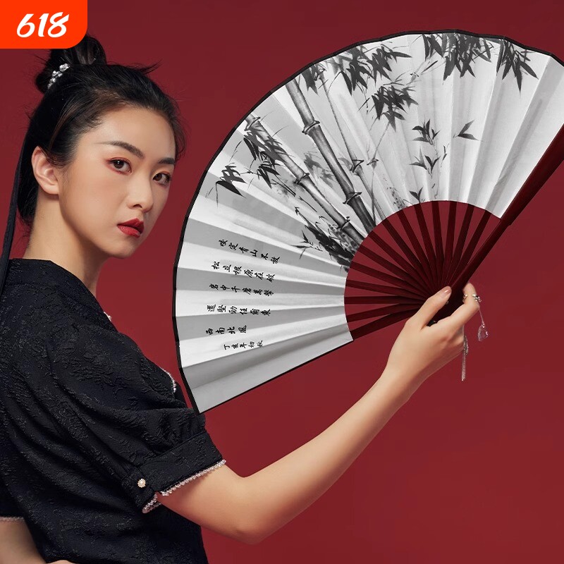 10寸古风扇子折扇中国风男士款绢布折叠夏天竹扇随身耐用手工扇面