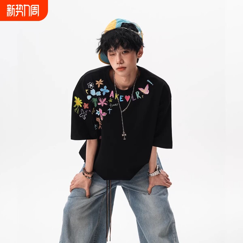 创意卡通涂鸦短袖T恤男女夏季潮牌设计感百搭半袖宽松休闲防晒tee