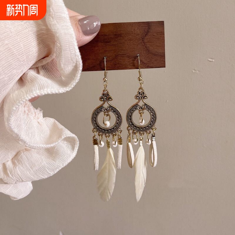 2024年流苏耳钩夏日复古民族波西s925银耳环出游拍照羽毛旅游