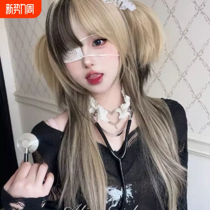 AG假发女长发网红『芥末鱼丸』辣妹亚裔风jk挑染抓夹长直发全头套