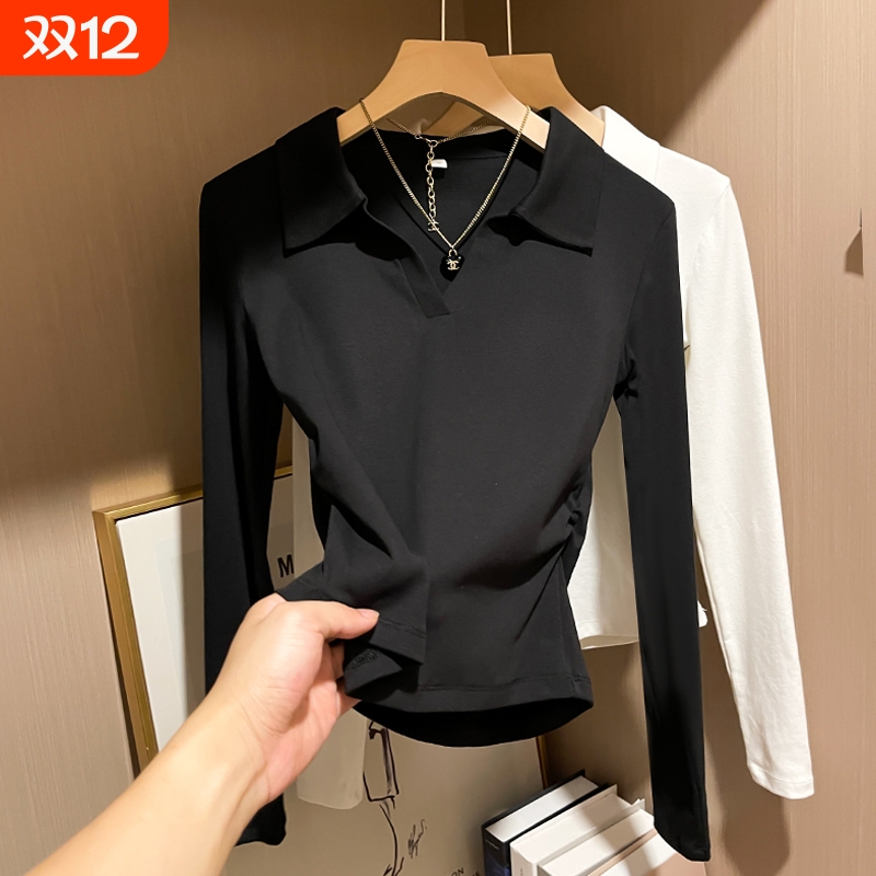 黑色Polo领正肩打底衫女内搭秋冬新款设计感收腰紧身显瘦长袖上衣