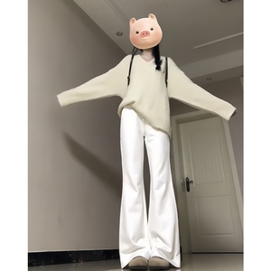 白色微喇运动裤女2024春秋新款高腰显瘦休闲厚棉裤小个子拖地喇叭