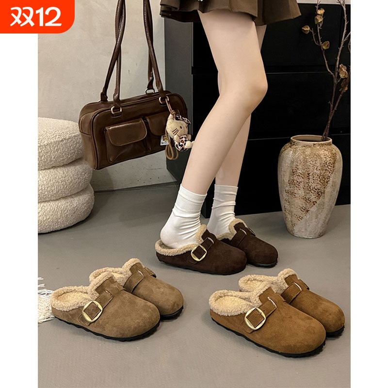 加绒勃肯鞋毛毛鞋女2025新款秋冬季一脚蹬包头半拖鞋博肯棉鞋平底