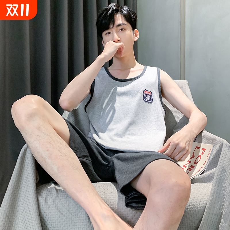 夏季薄款背心短裤睡衣男宽松休闲家居服中年男士大码无袖套装纯棉