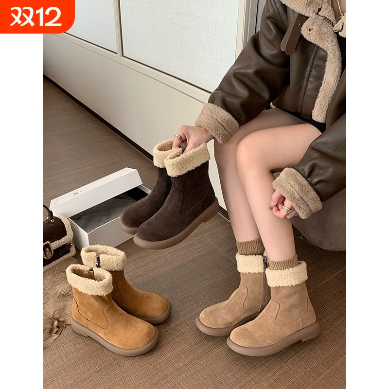 勃肯鞋雪地靴女加绒加厚短靴2025新款冬季毛毛靴皮毛一体雪地棉鞋
