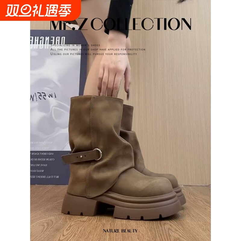 棕色厚底马丁靴女款2025新款早秋季增高裤管靴英伦风美拉德短靴子