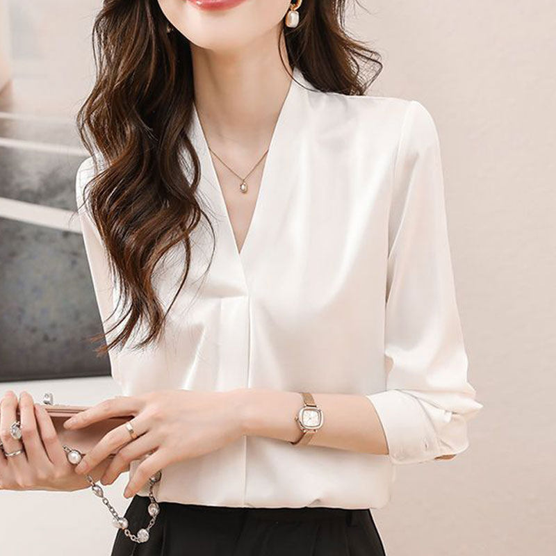 기질 V 넥 화이트 셔츠 여성 긴팔 2024 가을 겨울 새로운 OL 스타일 디자인 틈새 전문 정장 탑