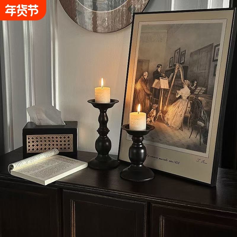 复古烛台家居磨砂黑蜡烛罗马柱玻璃摆件家用高级感香薰底座轻奢感
