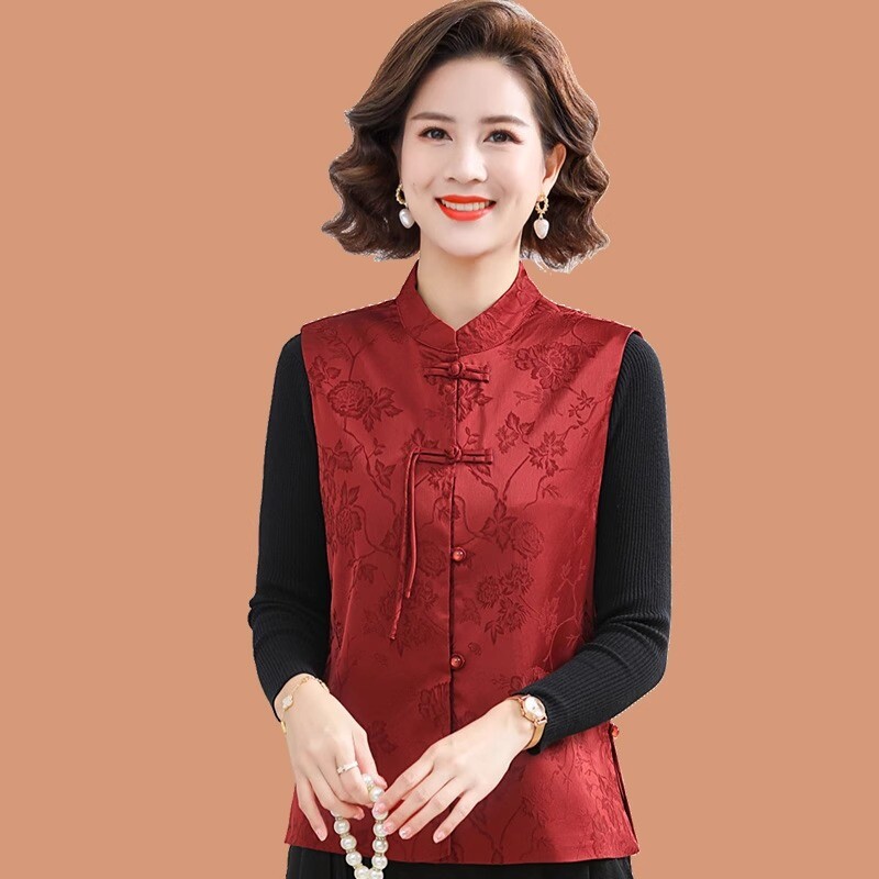 2026春季新款中国风马甲上衣中老年女装中式盘扣唐装坎肩红色背心