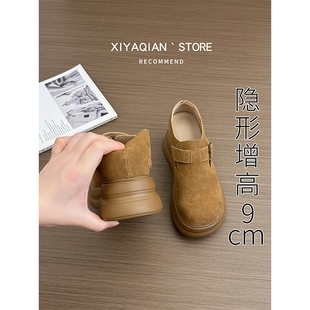 全包厚底复古一脚蹬女鞋 女2025新款 9cm小个子内增高勃肯鞋 牛皮版
