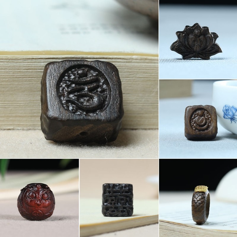 沉香木雕刻卡通国风绿檀木文玩配件紫檀diy手串手链时尚饰品配饰