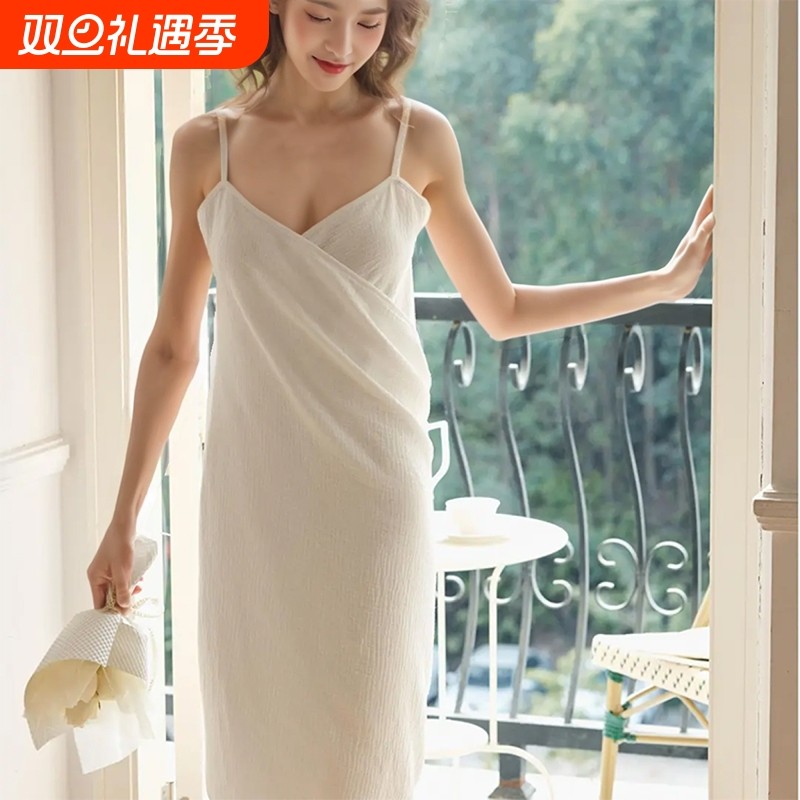 可穿吊带浴巾浴裙纯棉纱布睡衣女春秋款穿戴式露背2025新款柔软