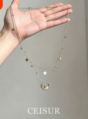 vintage中古太阳花星星多层吊坠项链时尚设计感百搭气质锁骨链女