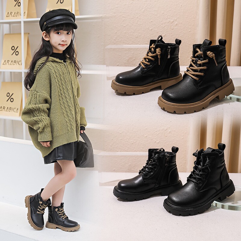 巴布豆儿童马丁靴2025新款童靴中大童黑色女短靴软底女童真皮靴子