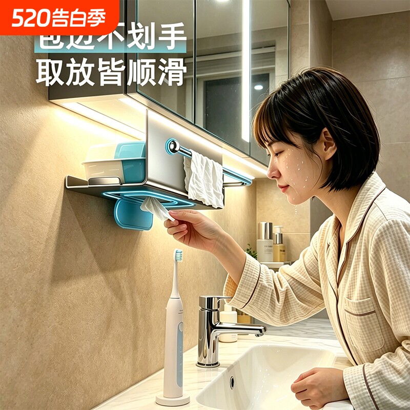 新款镜柜下洗脸巾收纳盒卫生间抽纸纸巾盒厕所收纳架壁挂浴室厨房