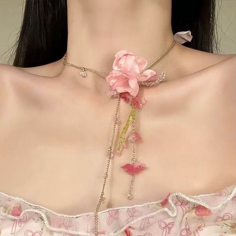 春日花园【花枝晓】甜美花朵粉色串珠项链小众高级感锁骨链颈链女