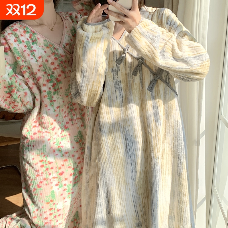 珊瑚绒睡裙女秋冬季新中式家居服