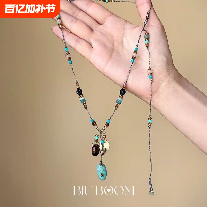 「biu boom」民族风绿色吊坠串珠项链复古个性小众简约锁骨链