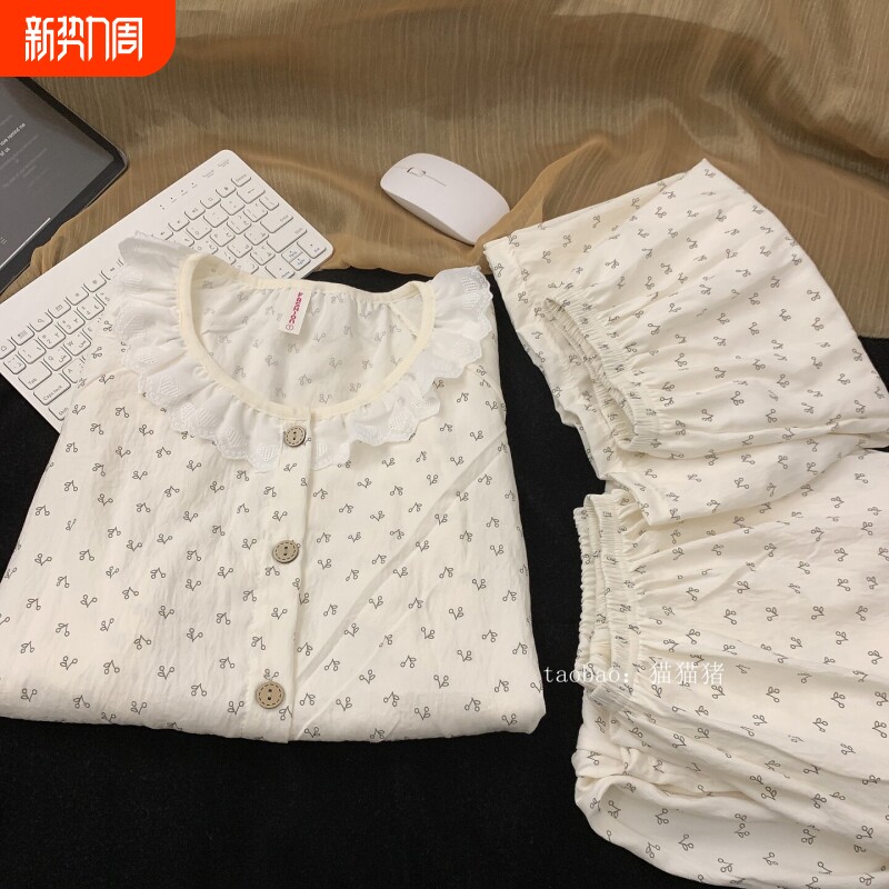 红豆田园碎花纯棉纱睡衣女短袖夏季薄款三件套棉绸宽松大码学生家