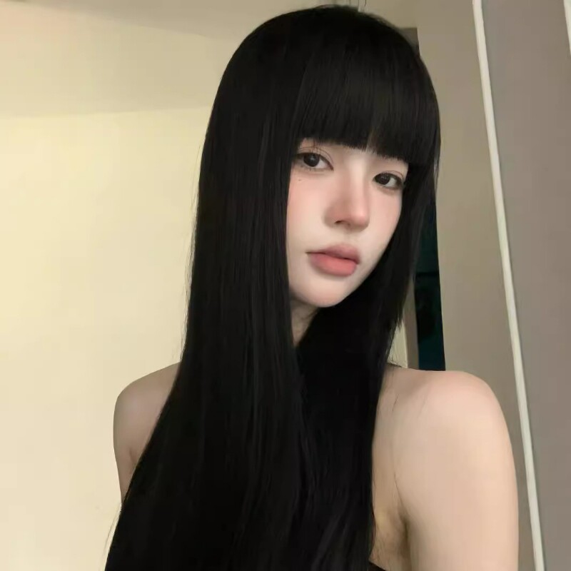 假发女全头长直发齐刘海梨花头70CM仿真高温丝化纤发工厂批发假发